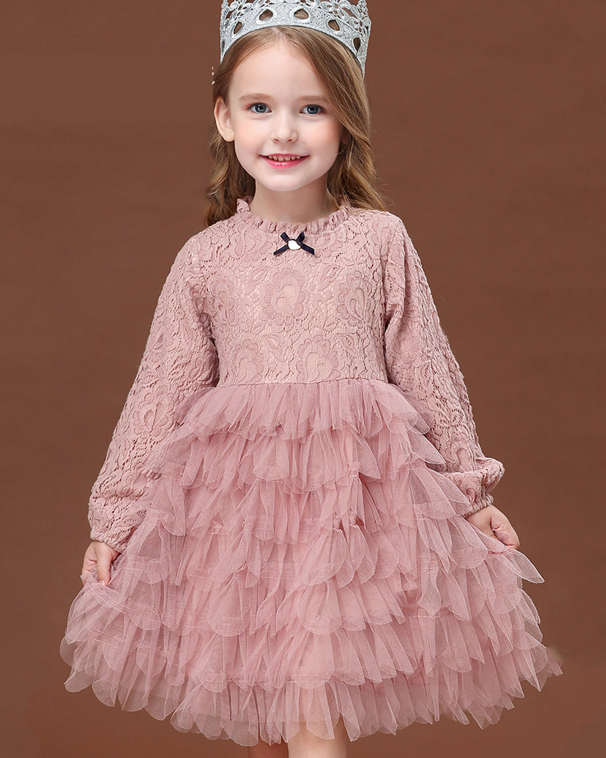 Baby Girls Long-sleeve Tiered Lace Tutu Party Dress Princess Dress