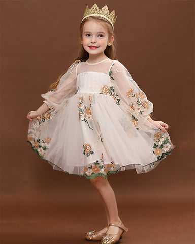 Baby Girls Off-shoulder Embroided Flower Princess Dress with Daisy