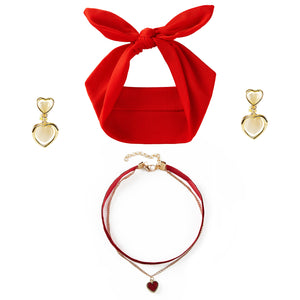 Women Costume Accessories Red Bow Headband Heart Choker Clip on Earrings Girls Cosplay Jewelry