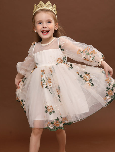 Baby Girls Off-shoulder Embroided Flower Princess Dress with Daisy