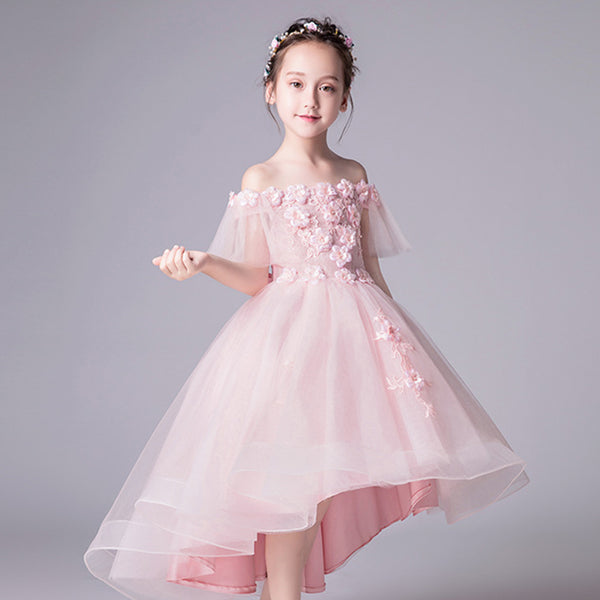 Girls 3D Embroidered Appliques Dress High-low Hem Princess Dress for Wedding Party