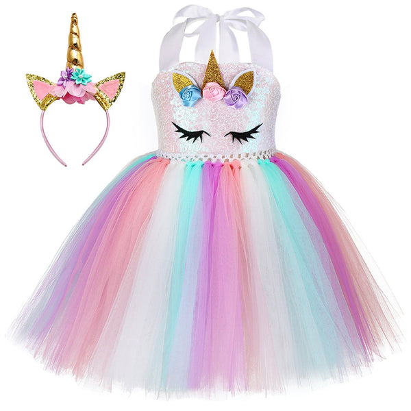 Tutu rainbow unicorn dress for party girls - Including 1 headband,festival costumes with birthday,halloween,recital