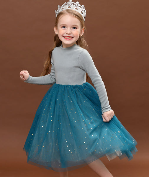 Baby Girls Long-sleeve Starry Blue Princess Dress Party Dress