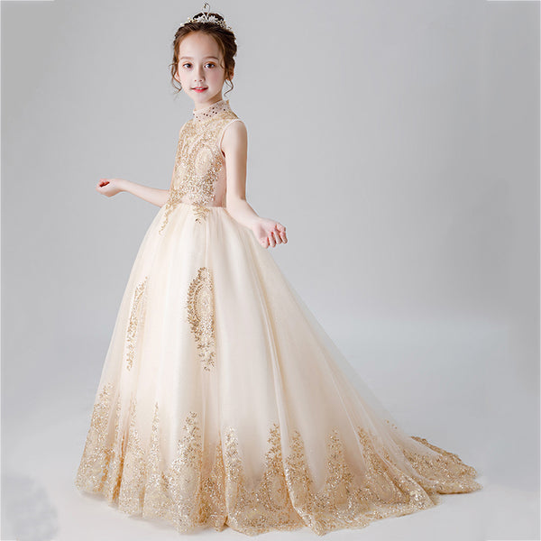 Little Girls Bronzing Flower Girl Dress with Train