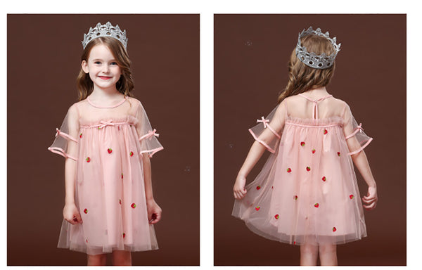 Baby Girls Strawberry Pink Half-transparency Shoulder Princess Dress
