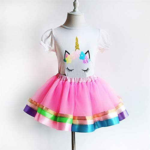 Girls 5 Layer Pink Tutu Skirt Unicorn Horn Headband Baby Birthday Costume Rainbow Tulle Tutu Set M