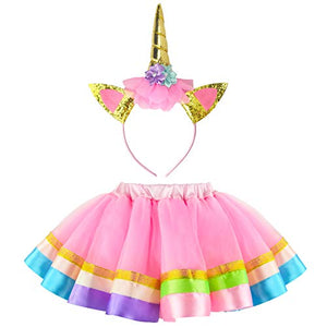 Girls 5 Layer Pink Tutu Skirt Unicorn Horn Headband Baby Birthday Costume Rainbow Tulle Tutu Set M