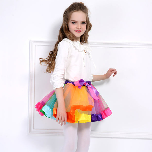 Baby Girls Layered Rainbow Tutu Skirt Bow Dance Ruffle
