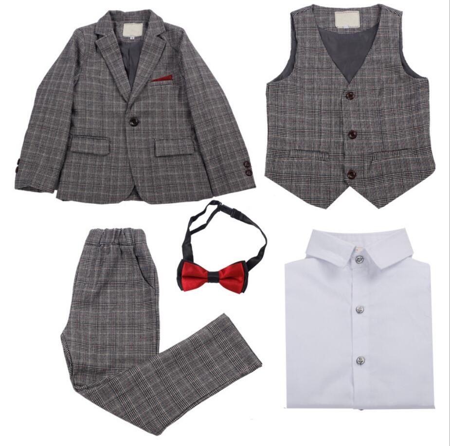 Boys' Gray Formal checked Suit  4 piece Dresswear suit set with jacket,shirt,vest and pants