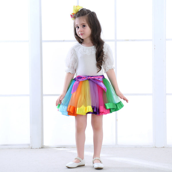 Baby Girls Layered Rainbow Tutu Skirt Bow Dance Ruffle