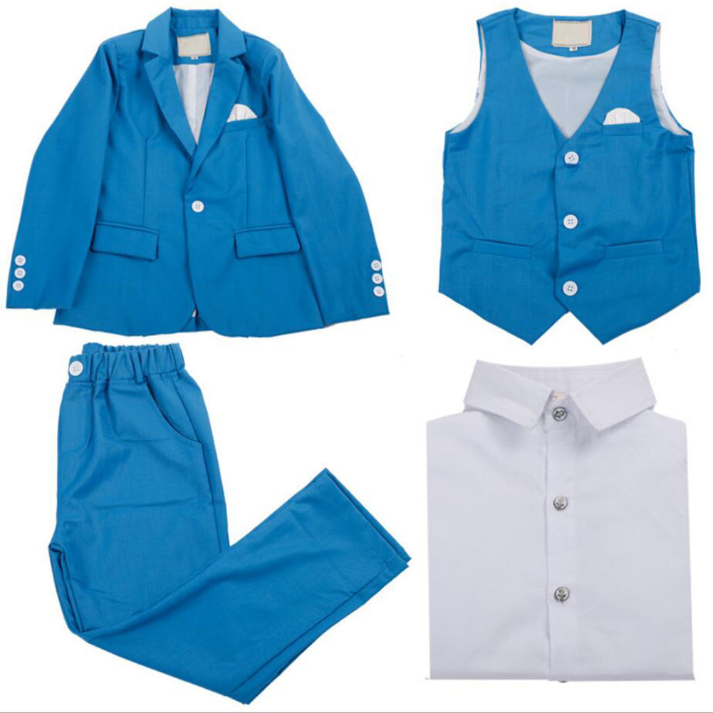 Boys' Blue Formal Suit  4 piece Dresswear suit set with jacket,shirt,vest and pants