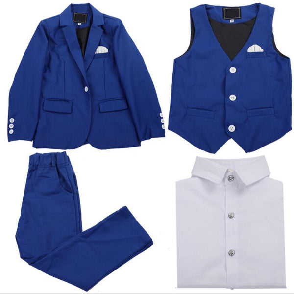 Boys' Blue Formal Suit  4 piece Dresswear suit set with jacket,shirt,vest and pants