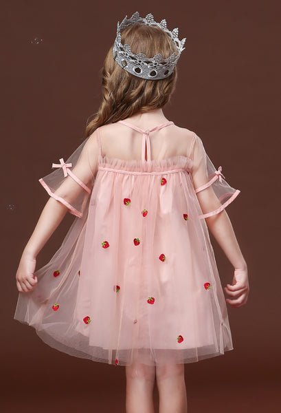 Baby Girls Strawberry Pink Half-transparency Shoulder Princess Dress