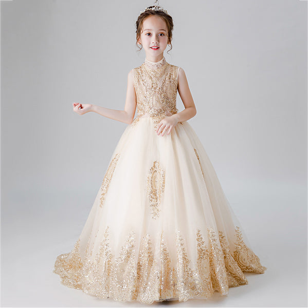 Little Girls Bronzing Flower Girl Dress with Train