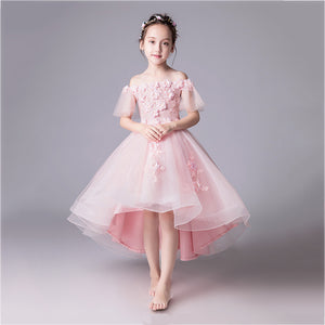 Girls 3D Embroidered Appliques Dress High-low Hem Princess Dress for Wedding Party