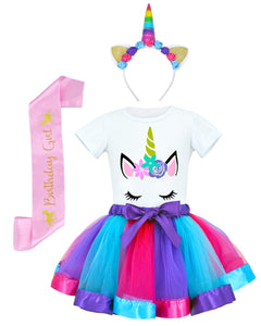 Girls Costume Rainbow Tutu Skirt with Unicorn Shirt, Headband & Satin Sash