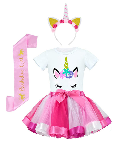 Girls Costume Rainbow Tutu Skirt with Unicorn Shirt, Headband & Satin Sash