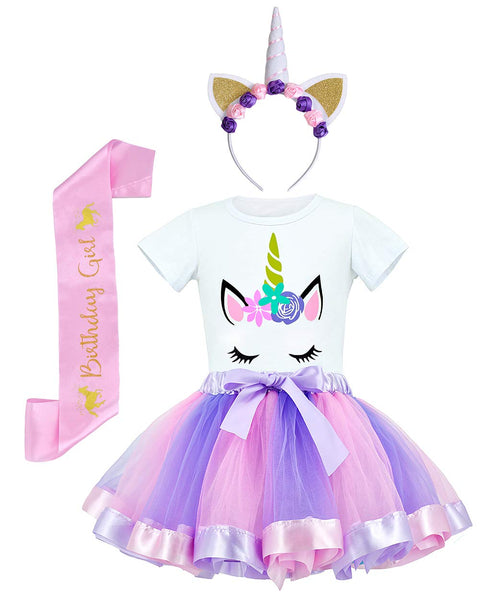 Girls Costume Rainbow Tutu Skirt with Unicorn Shirt, Headband & Satin Sash