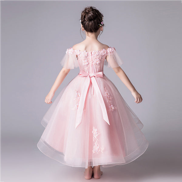 Girls 3D Embroidered Appliques Dress High-low Hem Princess Dress for Wedding Party