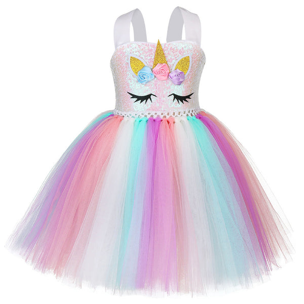 Tutu rainbow unicorn dress for party girls - Including 1 headband,festival costumes with birthday,halloween,recital