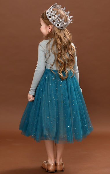 Baby Girls Long-sleeve Starry Blue Princess Dress Party Dress
