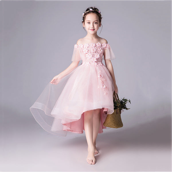 Girls 3D Embroidered Appliques Dress High-low Hem Princess Dress for Wedding Party