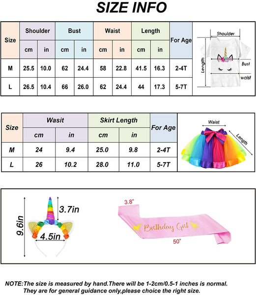 Girls Costume Rainbow Tutu Skirt with Unicorn Shirt, Headband & Satin Sash