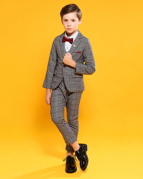 Boys' Gray Formal checked Suit  4 piece Dresswear suit set with jacket,shirt,vest and pants