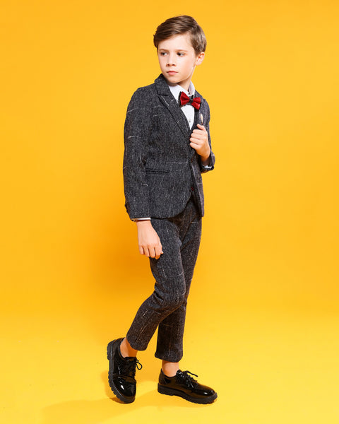 Boys' Black Formal Suit(white dot)  4 piece Dresswear suit set with jacket,shirt,vest and pants