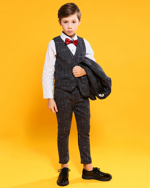 Boys' Black Formal Suit(white dot)  4 piece Dresswear suit set with jacket,shirt,vest and pants