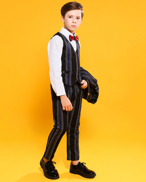 Boys' stripy Formal Suit  4 piece Dresswear suit set with jacket,shirt,pants and vest