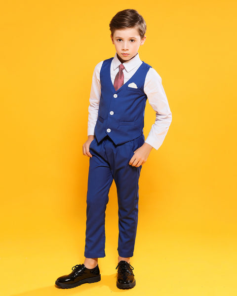 Boys' Blue Formal Suit  4 piece Dresswear suit set with jacket,shirt,vest and pants