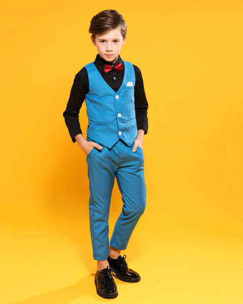 Boys' Blue Formal Suit  4 piece Dresswear suit set with jacket,shirt,vest and pants