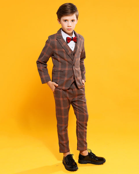 Boys' Khaki Formal Suit  4 piece Dresswear suit set with jacket,shirt,vest and pants