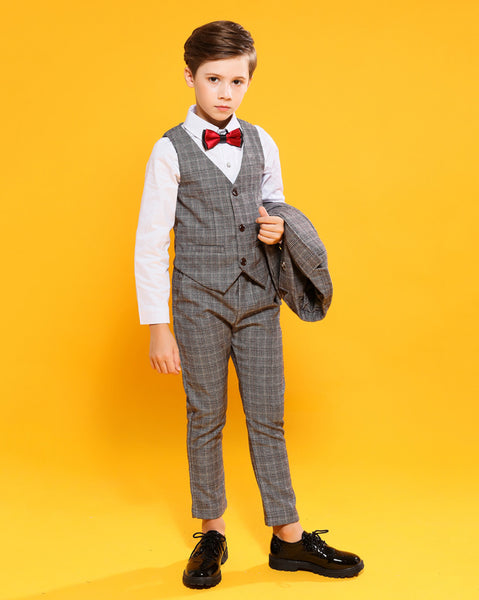 Boys' Gray Formal checked Suit  4 piece Dresswear suit set with jacket,shirt,vest and pants