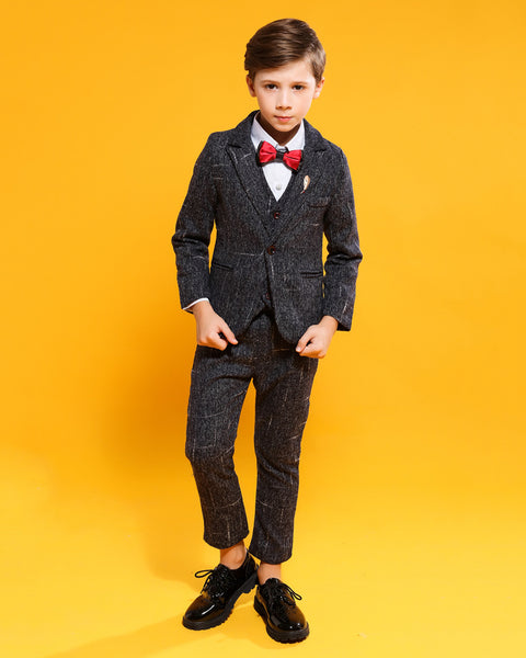 Boys' Black Formal Suit(white dot)  4 piece Dresswear suit set with jacket,shirt,vest and pants