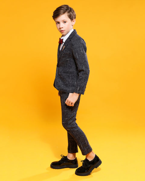 Boys' Black Formal Suit(white dot)  4 piece Dresswear suit set with jacket,shirt,vest and pants