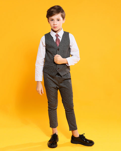 Boys' Gray Formal Suit  4 piece Dresswear suit set with red necktie Kids dress suit