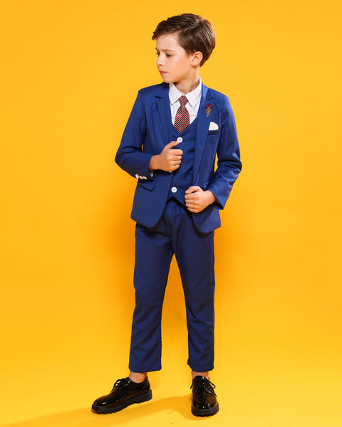 Boys' Blue Formal Suit  4 piece Dresswear suit set with jacket,shirt,vest and pants