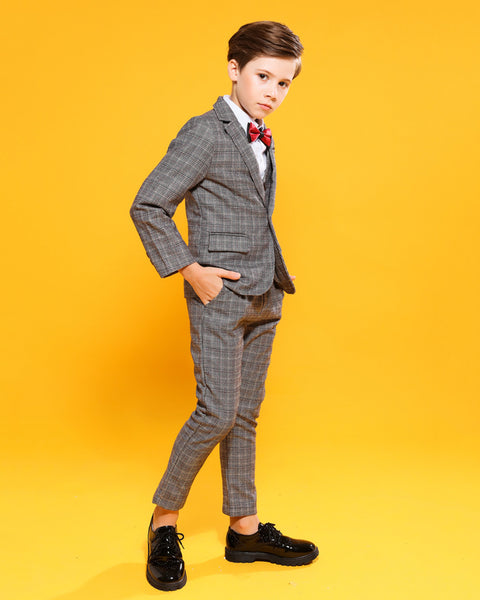 Boys' Gray Formal checked Suit  4 piece Dresswear suit set with jacket,shirt,vest and pants