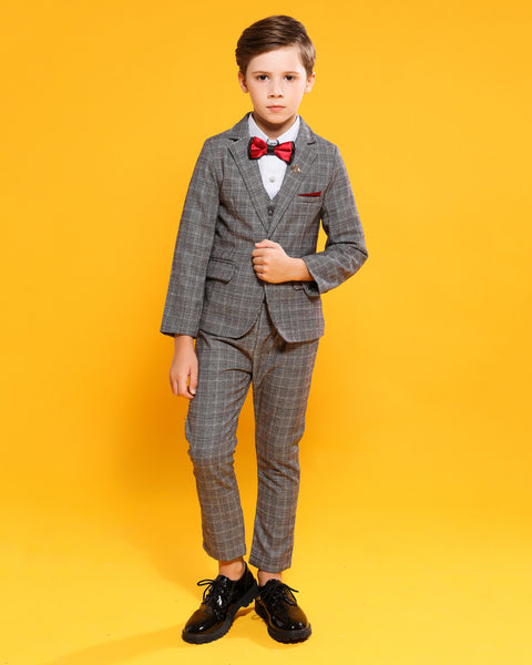 Boys' Gray Formal checked Suit  4 piece Dresswear suit set with jacket,shirt,vest and pants