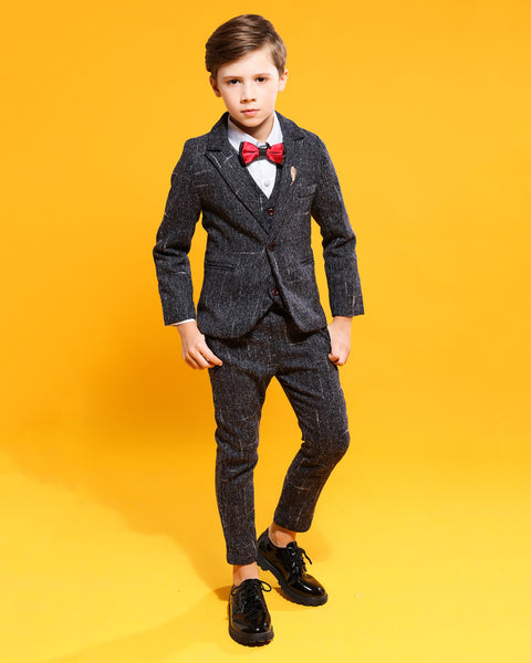 Boys' Black Formal Suit(white dot)  3 piece Dresswear suit set with jacket,vest and pants