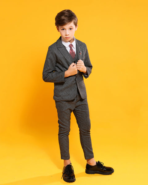 Boys' Gray Formal Suit  4 piece Dresswear suit set with red necktie Kids dress suit