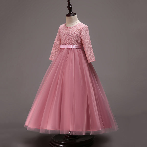 Girls Lace Tulle Floor Length Bridesmaid Party Wedding Formal dress