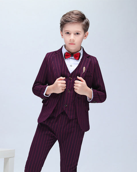 Boys' Red Stripy Formal suits 4 piece Dresswear Suit Set With Jacket,shirt,Pants and Vest