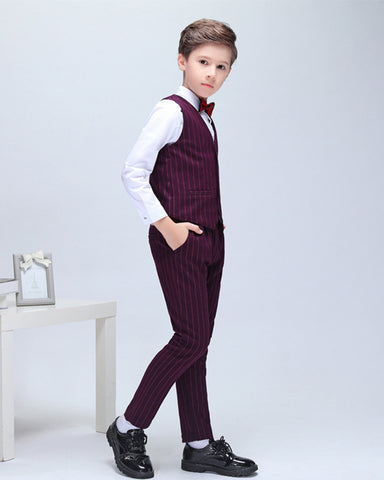 Boys' Red Stripy Formal suits 4 piece Dresswear Suit Set With Jacket,shirt,Pants and Vest