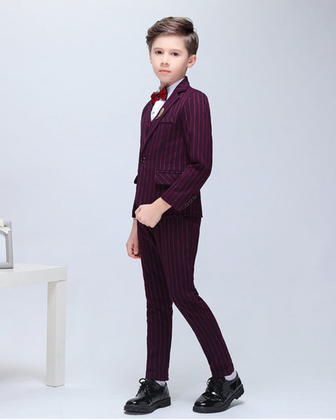 Boys' Red Stripy Formal suits 4 piece Dresswear Suit Set With Jacket,shirt,Pants and Vest