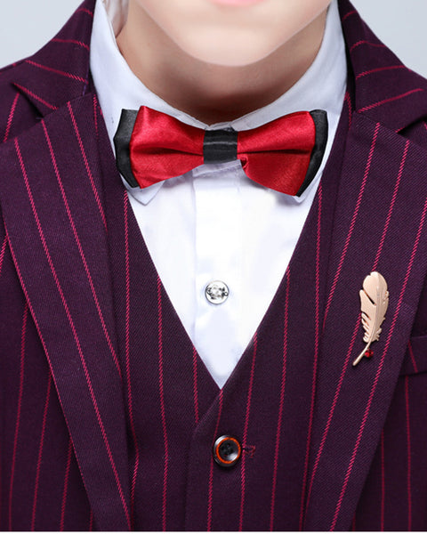 Boys' Red Stripy Formal suits 4 piece Dresswear Suit Set With Jacket,shirt,Pants and Vest