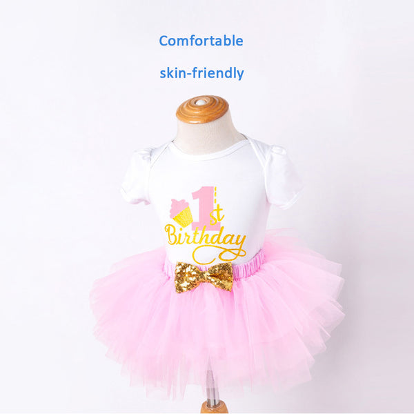 Baby Girls 1st Birthday Tulle Skirt Romper+Skirt+Headband 3PCS Outfits
