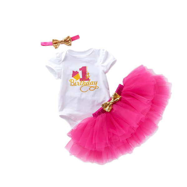 Baby Girls 1st Birthday Tulle Skirt Romper+Skirt+Headband 3PCS Outfits